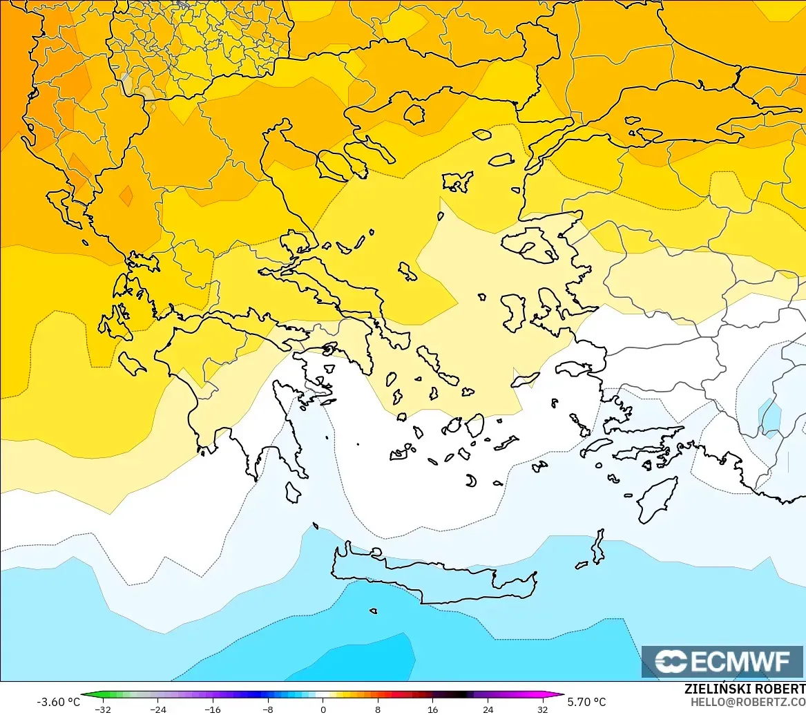 ECMWF IFS 0.25° modelo - Grecia, Anomalía de temperatura a 850 hPa