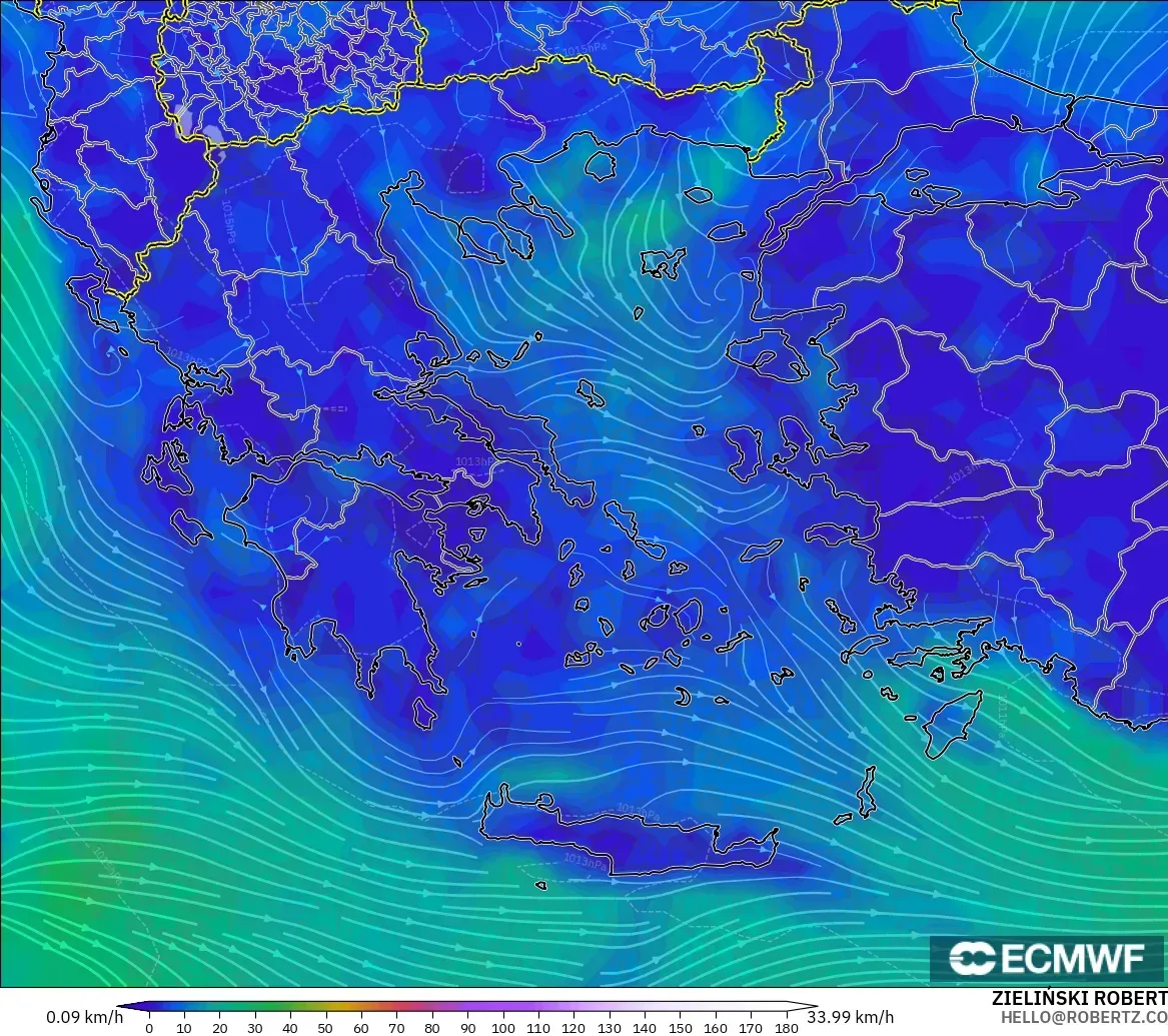 ECMWF IFS 0.25° modelo - Grecia, Viento a 10 m