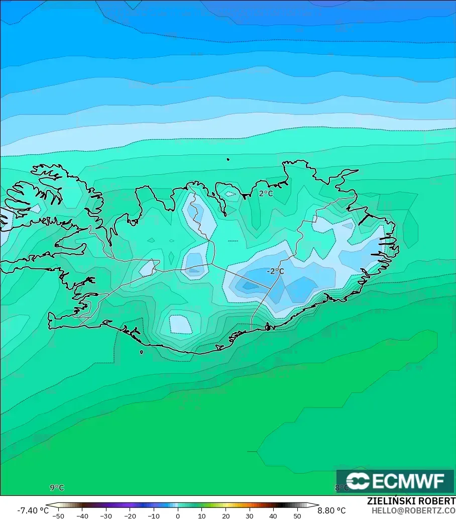 ECMWF IFS 0.25° modelo - Islandia, Punto de rocío a 2 m