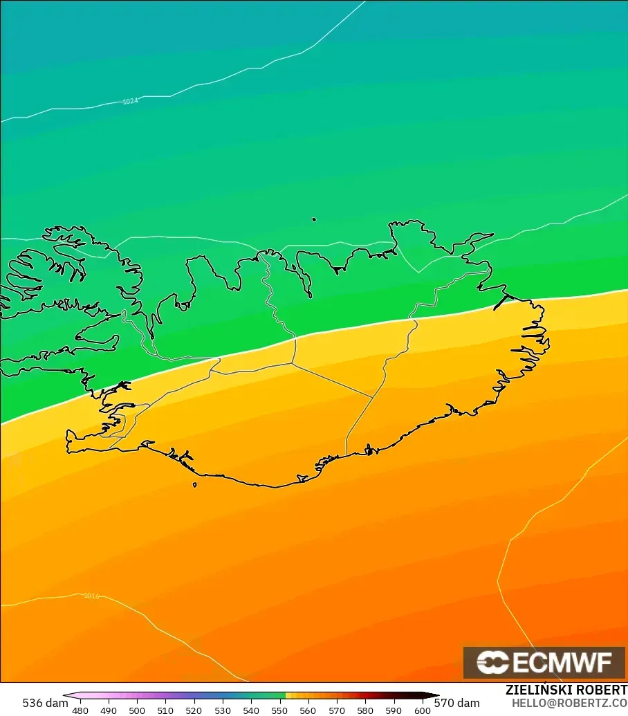 ECMWF IFS 0.25° modelo - Islandia, Altura geopotencial a 500 hPa
