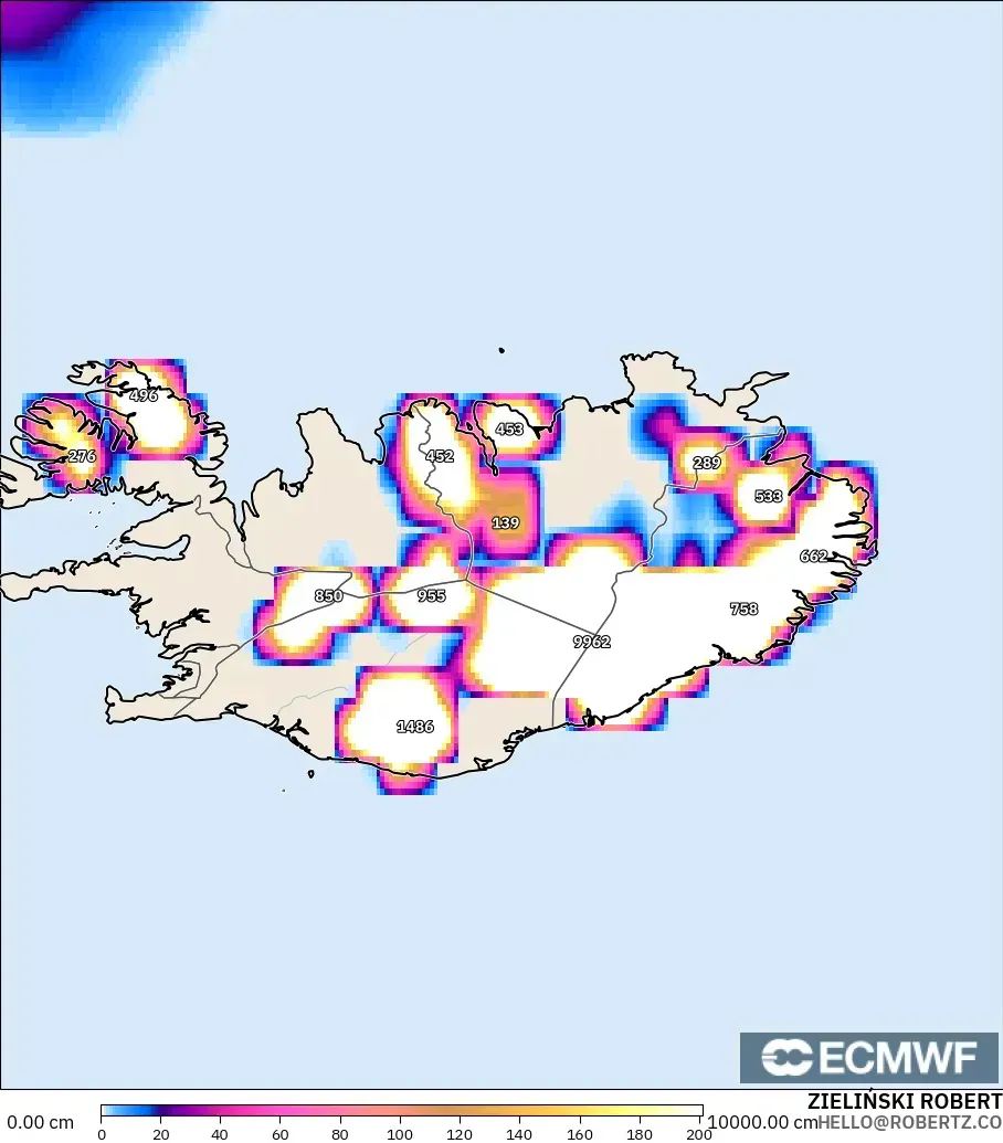 ECMWF IFS 0.25° modelo - Islandia, Profundidad de nieve