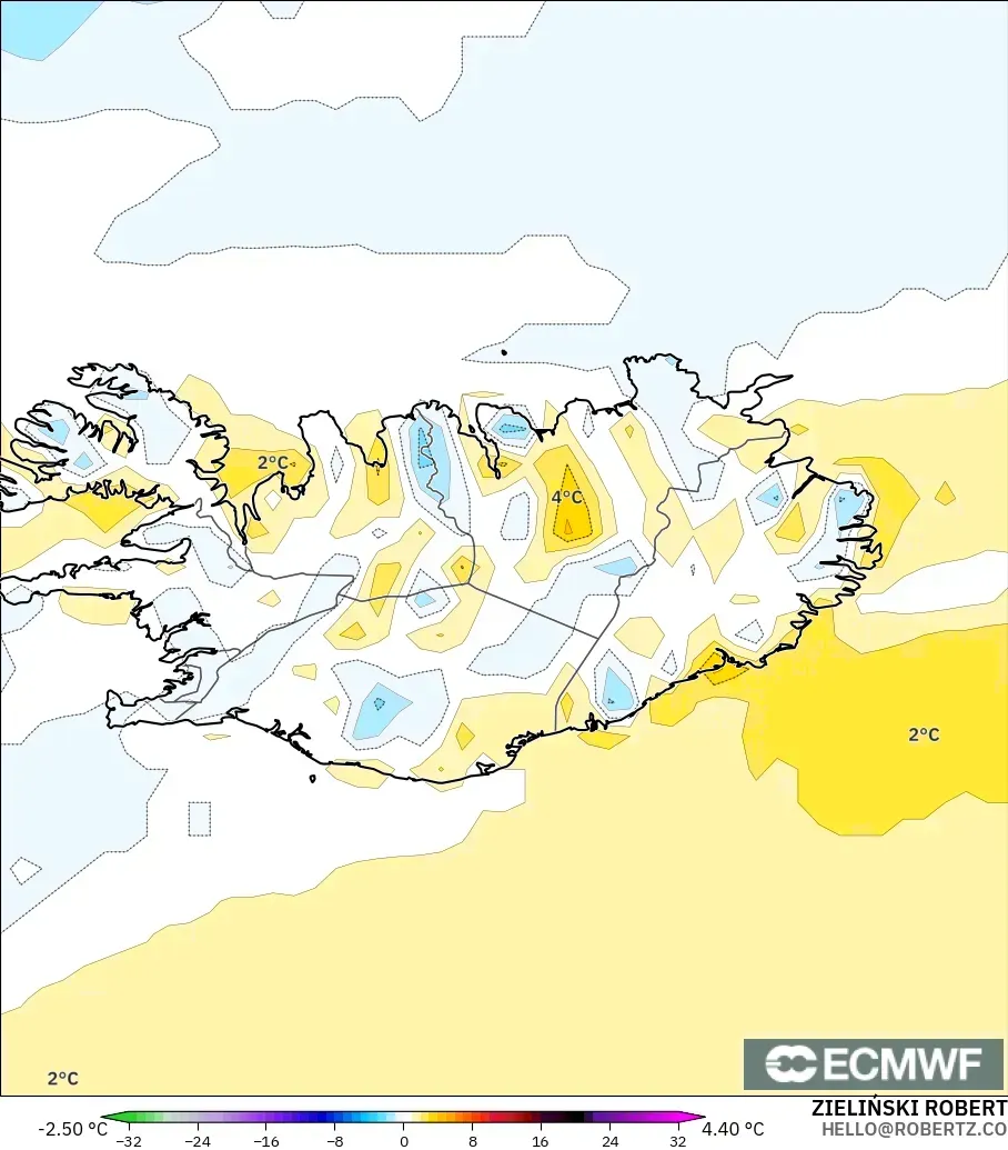 ECMWF IFS 0.25° modelo - Islandia, Anomalía de temperatura a 2 m