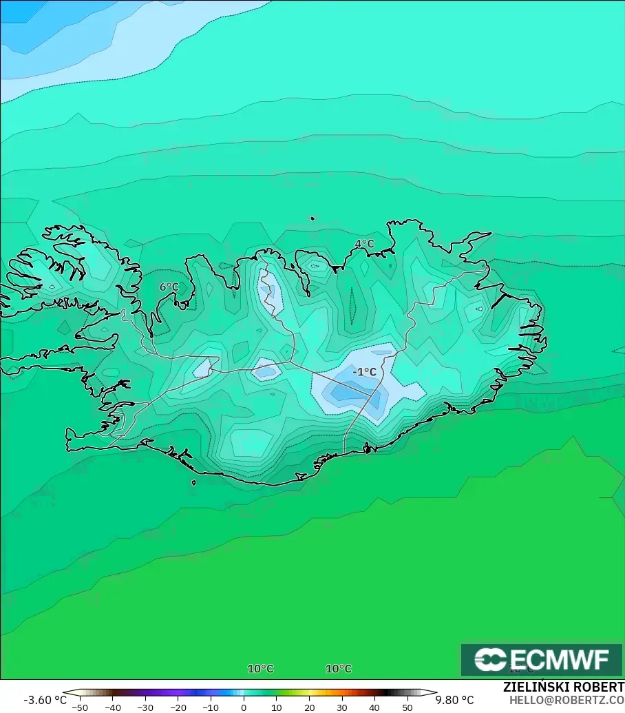 ECMWF IFS 0.25° modelo - Islandia, Temperatura a 2 m