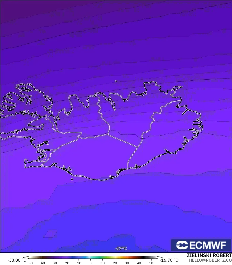 ECMWF IFS 0.25° modelo - Islandia, Temperatura a 500 hPa