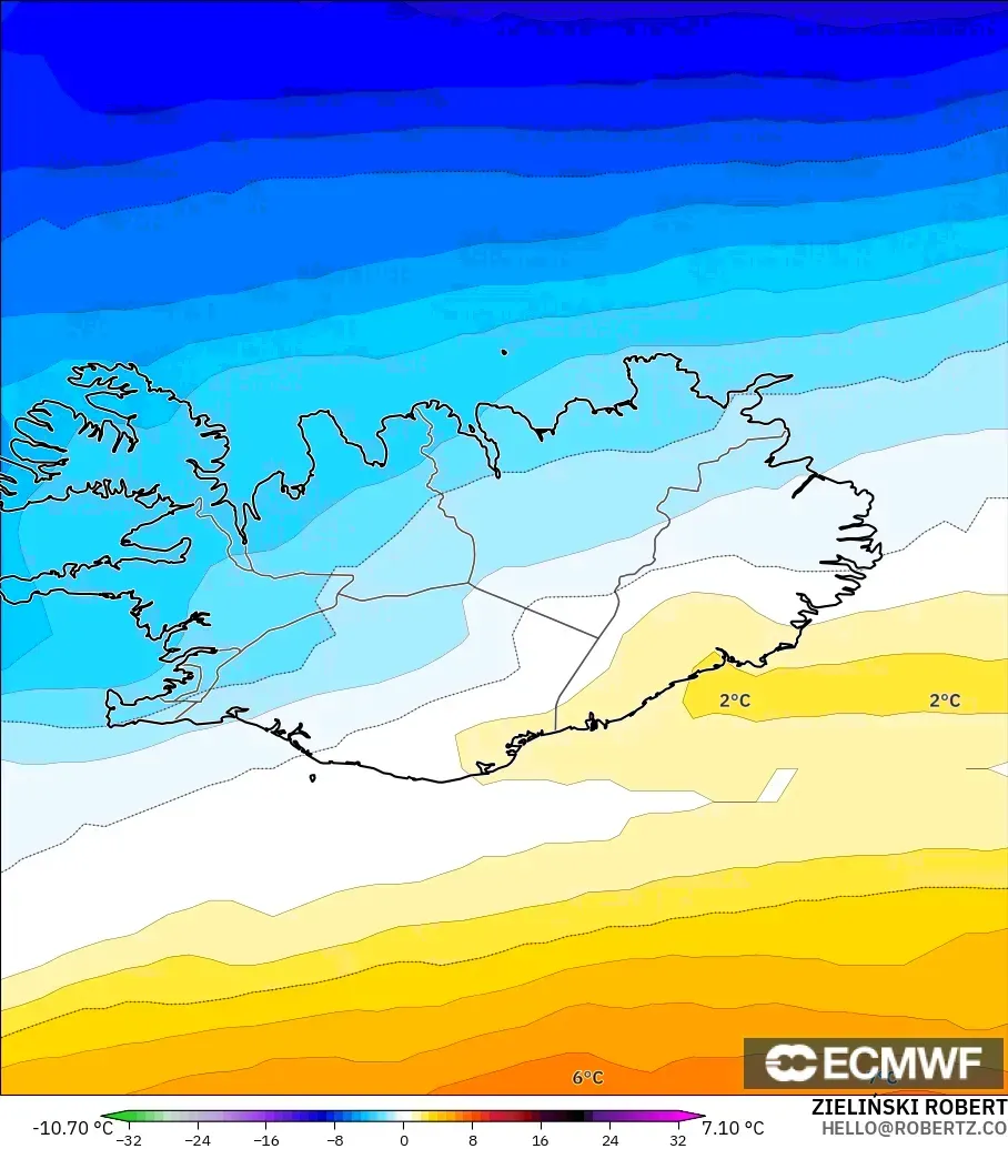 ECMWF IFS 0.25° modelo - Islandia, Anomalía de temperatura a 850 hPa