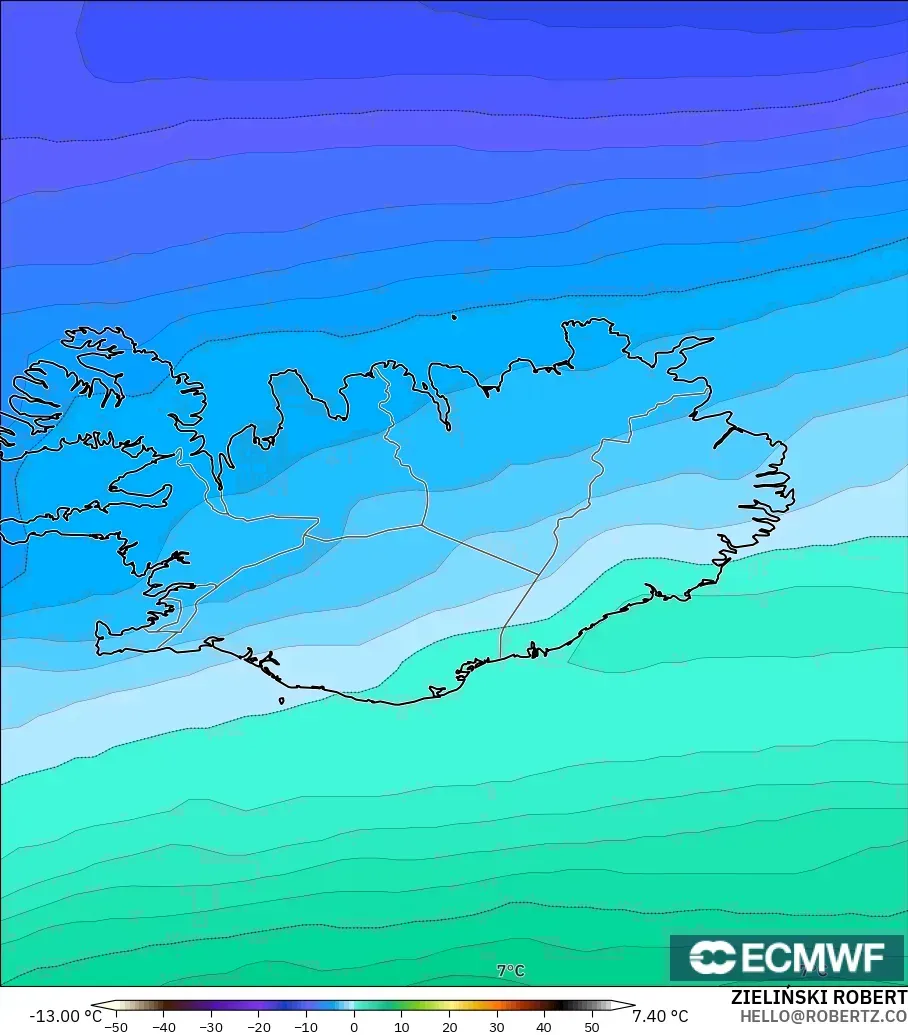 ECMWF IFS 0.25° modelo - Islandia, Temperatura a 850 hPa