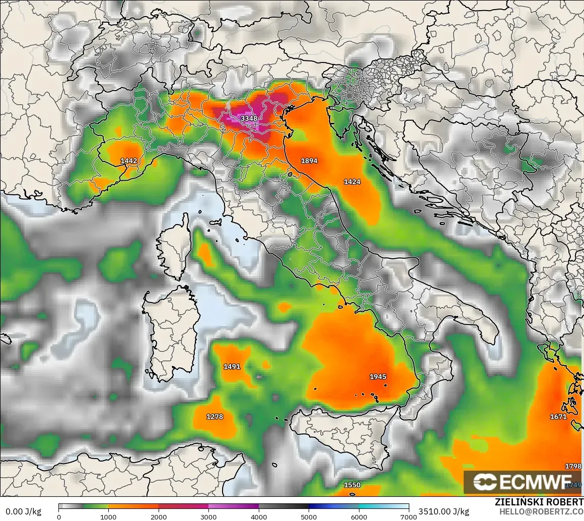 ECMWF IFS 0.25° modelo - Italia, CAPE