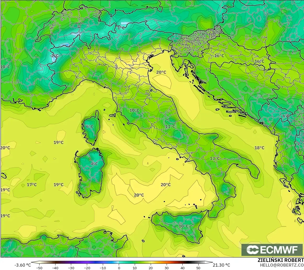 ECMWF IFS 0.25° modelo - Italia, Punto de rocío a 2 m