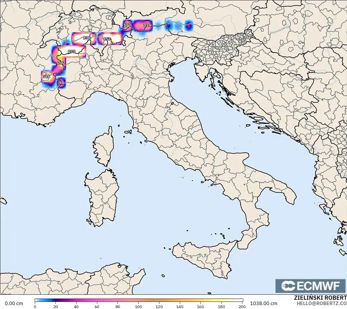 ECMWF IFS 0.25° modelo - Italia, Profundidad de nieve