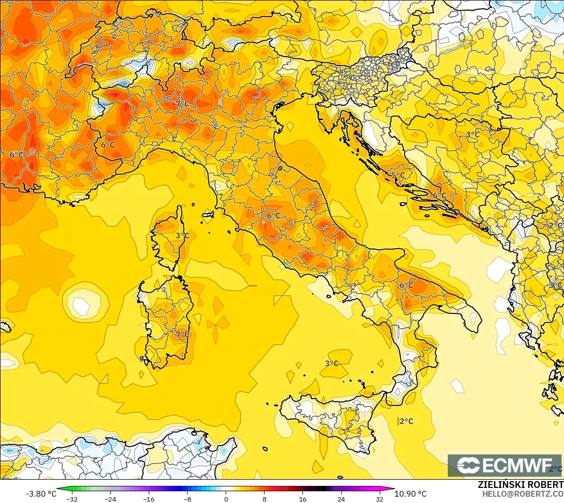 ECMWF IFS 0.25° modelo - Italia, Anomalía de temperatura a 2 m