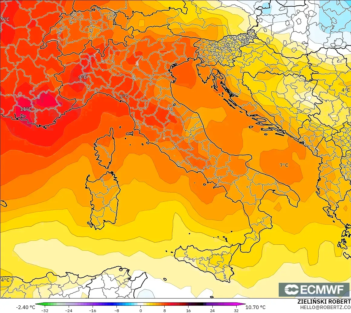 ECMWF IFS 0.25° modelo - Italia, Anomalía de temperatura a 850 hPa