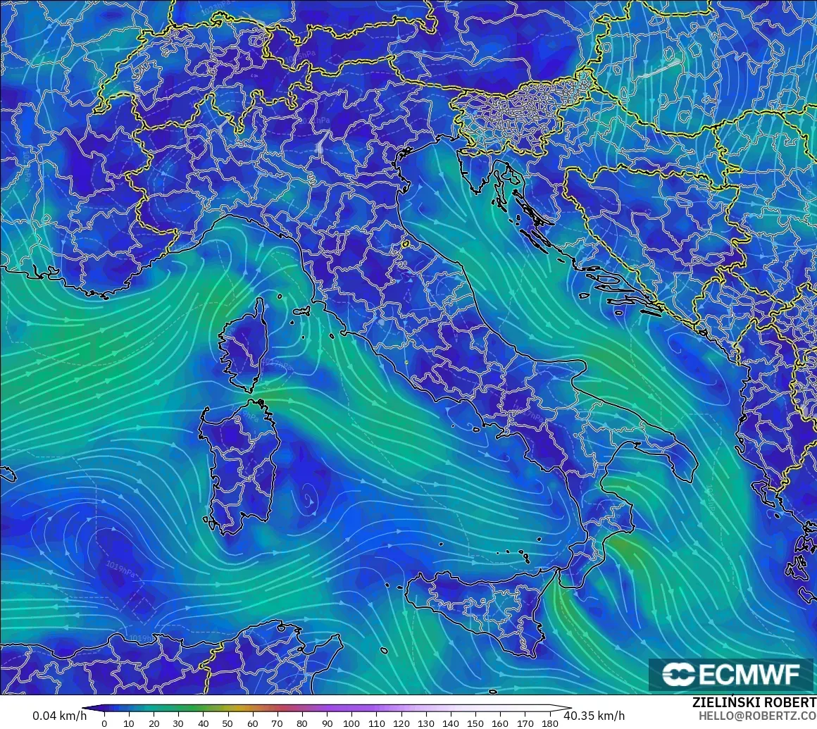 ECMWF IFS 0.25° modelo - Italia, Viento a 10 m