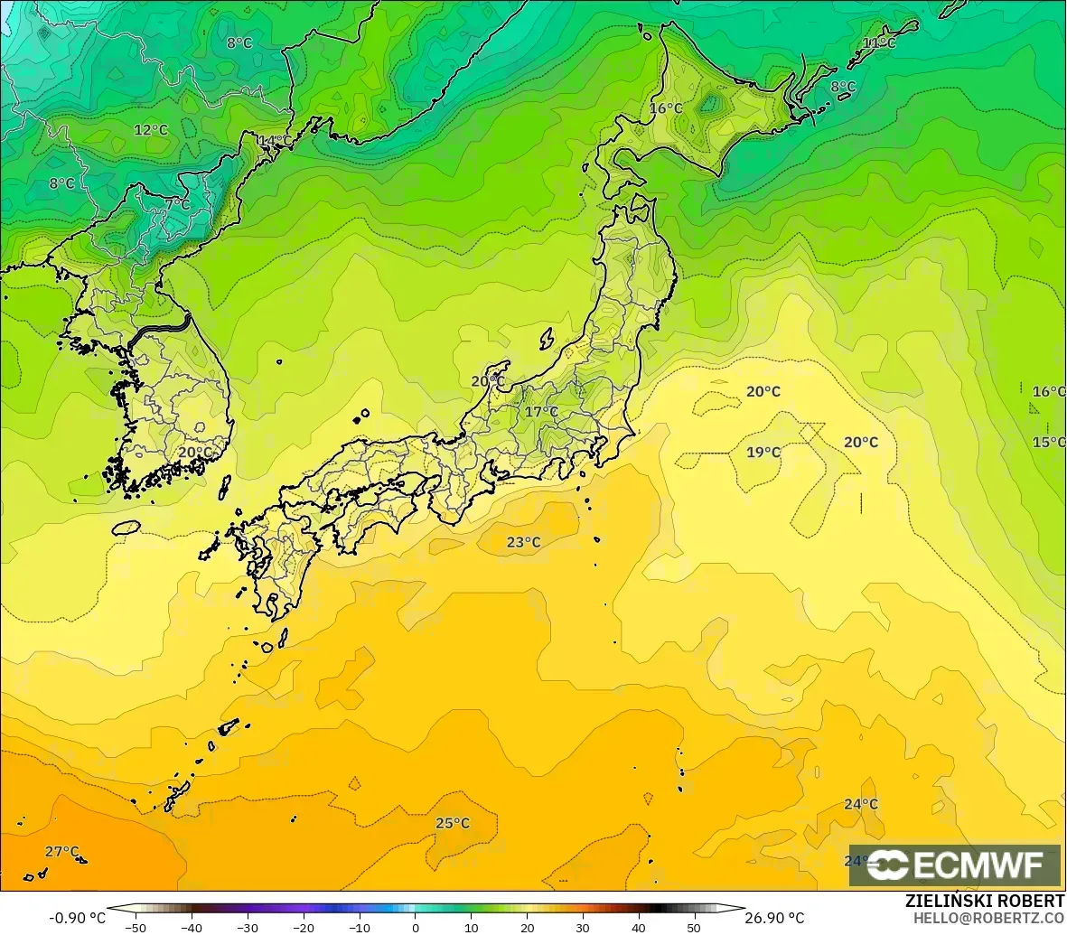 ECMWF IFS 0.25° modelo - Japón, Punto de rocío a 2 m