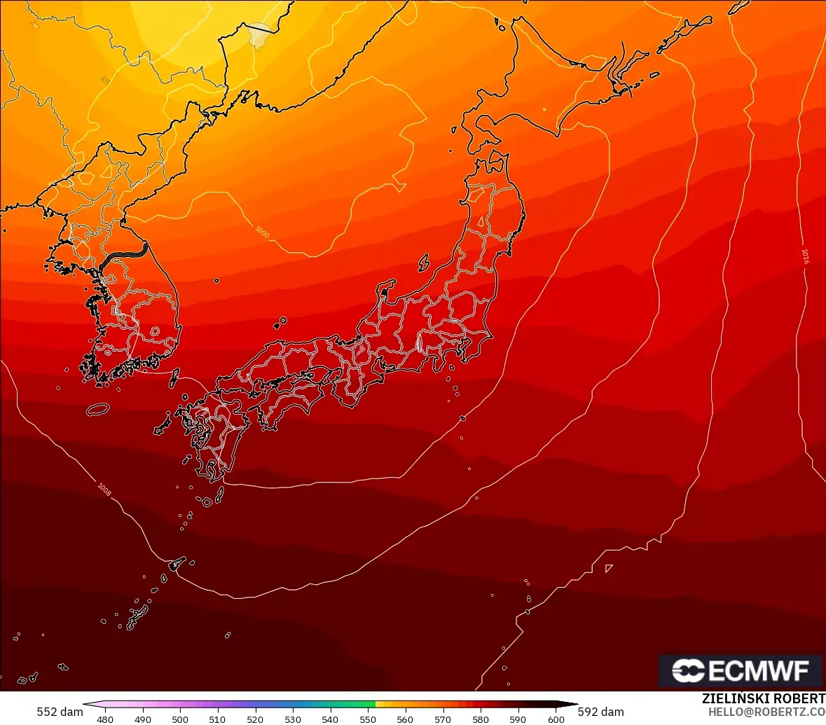ECMWF IFS 0.25° modelo - Japón, Altura geopotencial a 500 hPa