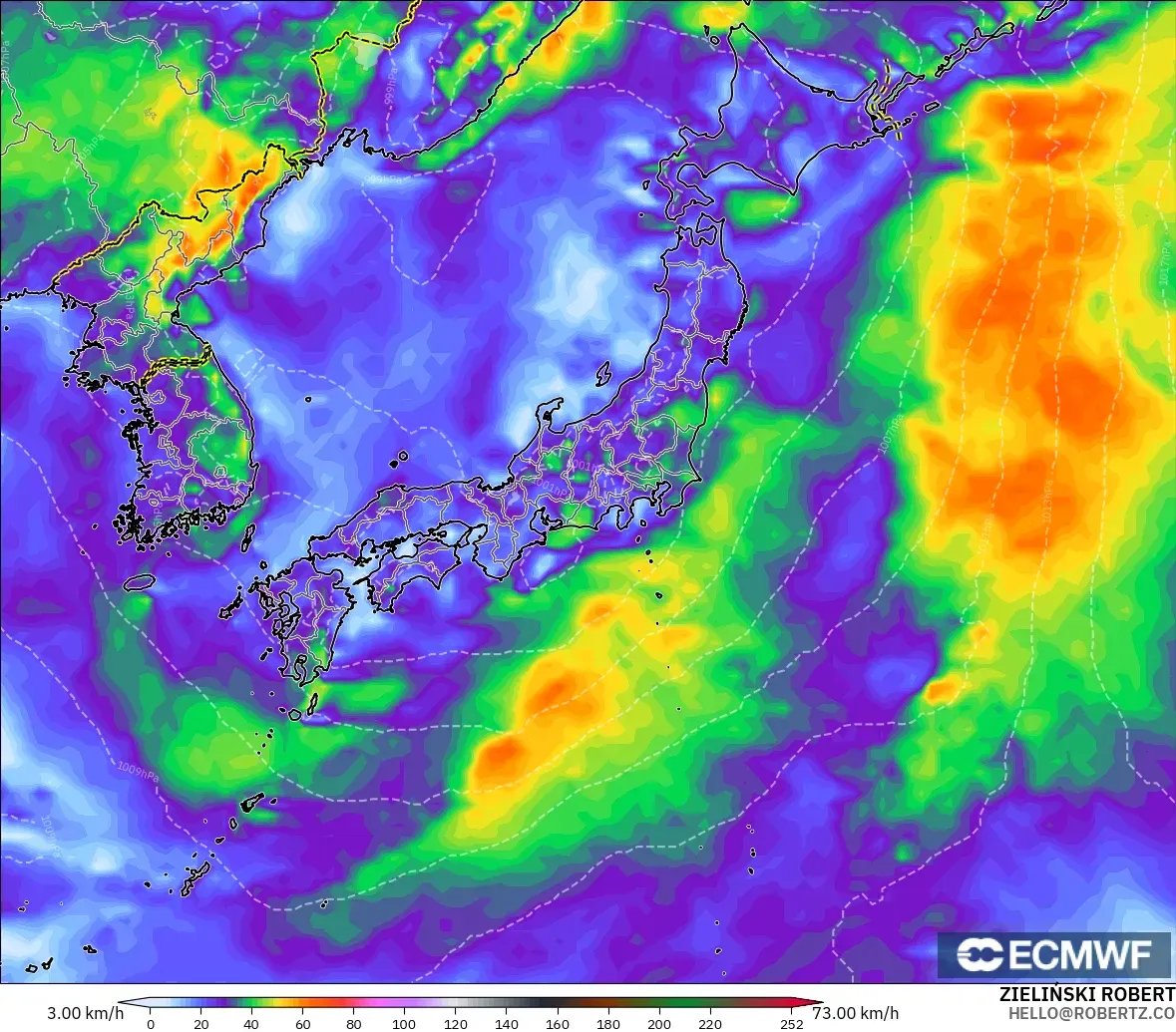 ECMWF IFS 0.25° modelo - Japón, Ráfagas de Viento Máximas