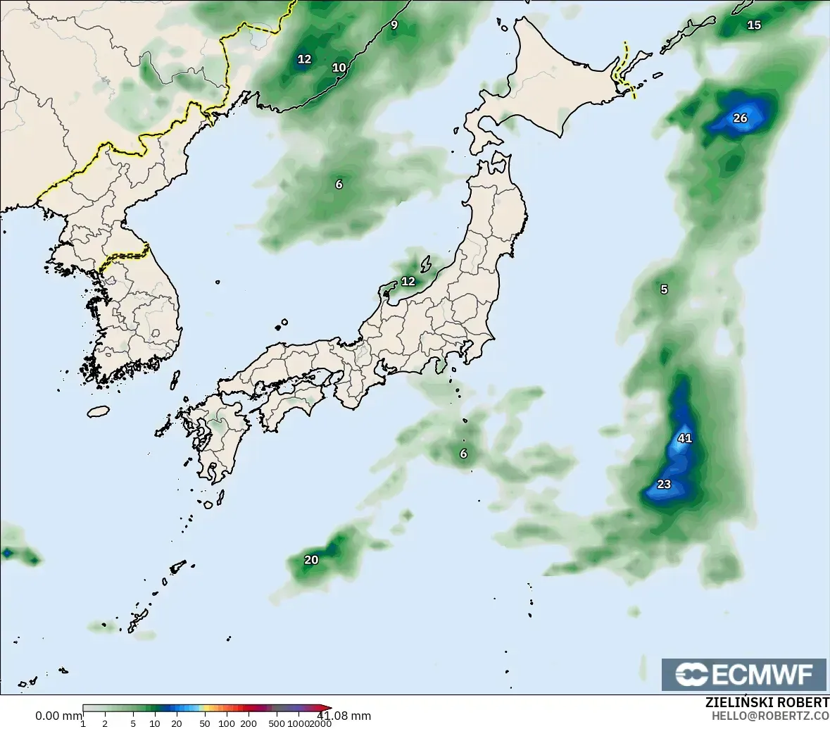 ECMWF IFS 0.25° modelo - Japón, Acumulación de precipitación