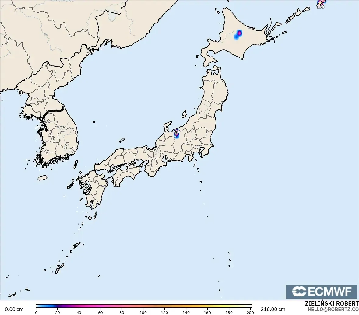 ECMWF IFS 0.25° modelo - Japón, Profundidad de nieve