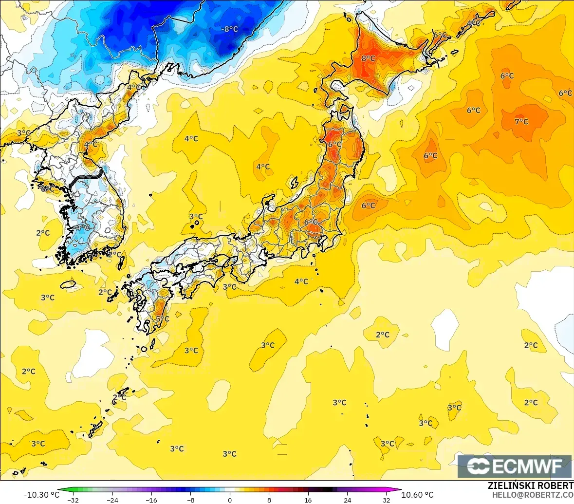 ECMWF IFS 0.25° modelo - Japón, Anomalía de temperatura a 2 m