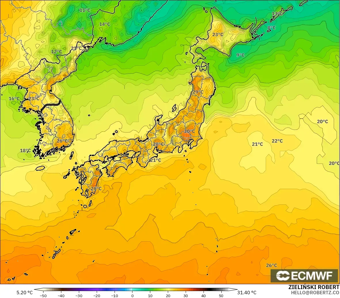 ECMWF IFS 0.25° modelo - Japón, Temperatura a 2 m