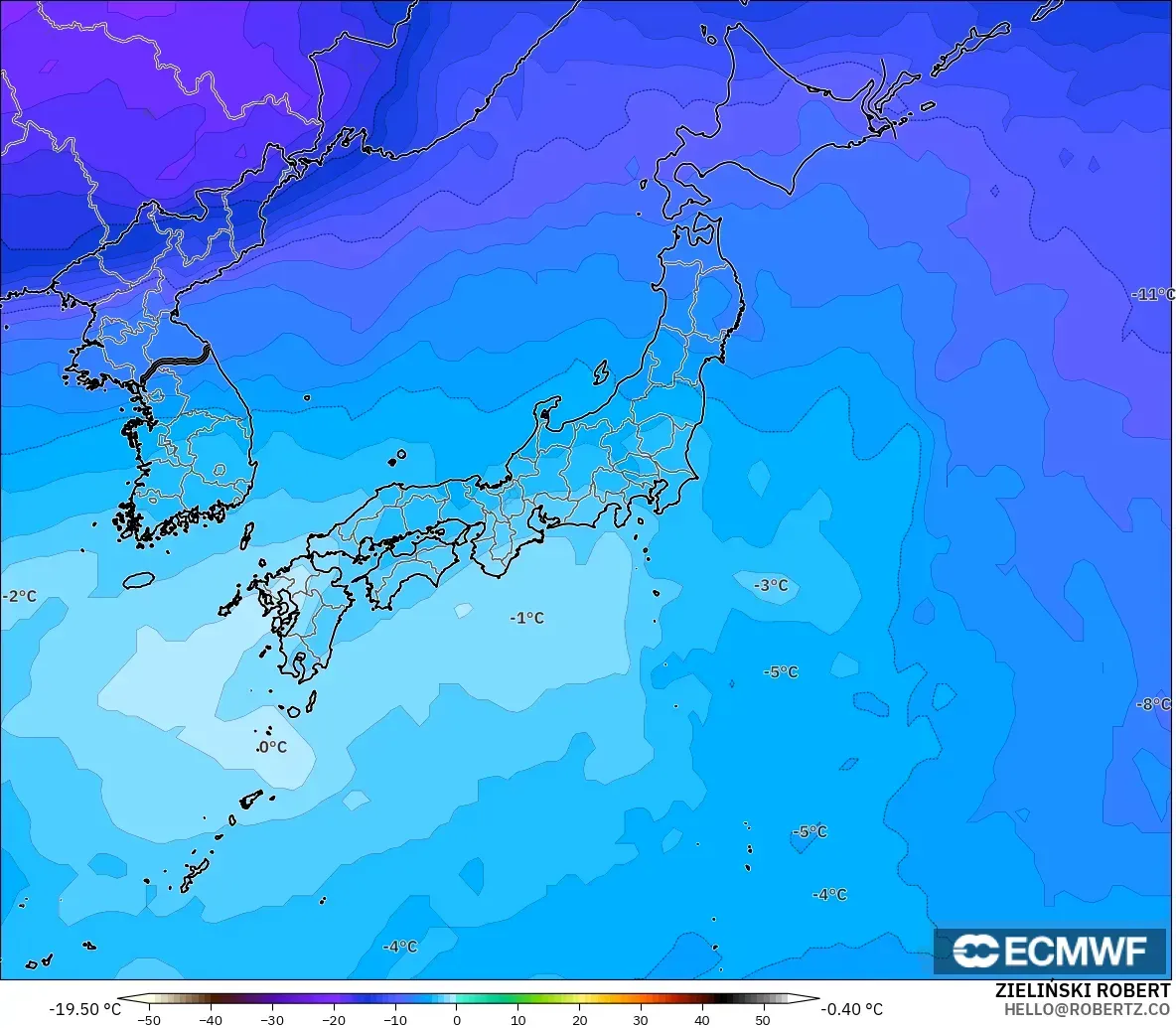 ECMWF IFS 0.25° modelo - Japón, Temperatura a 500 hPa