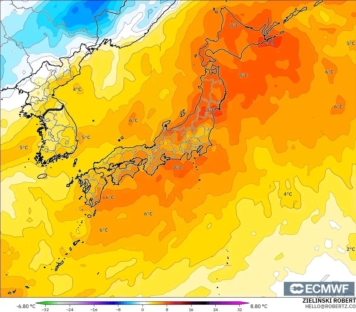 ECMWF IFS 0.25° modelo - Japón, Anomalía de temperatura a 850 hPa