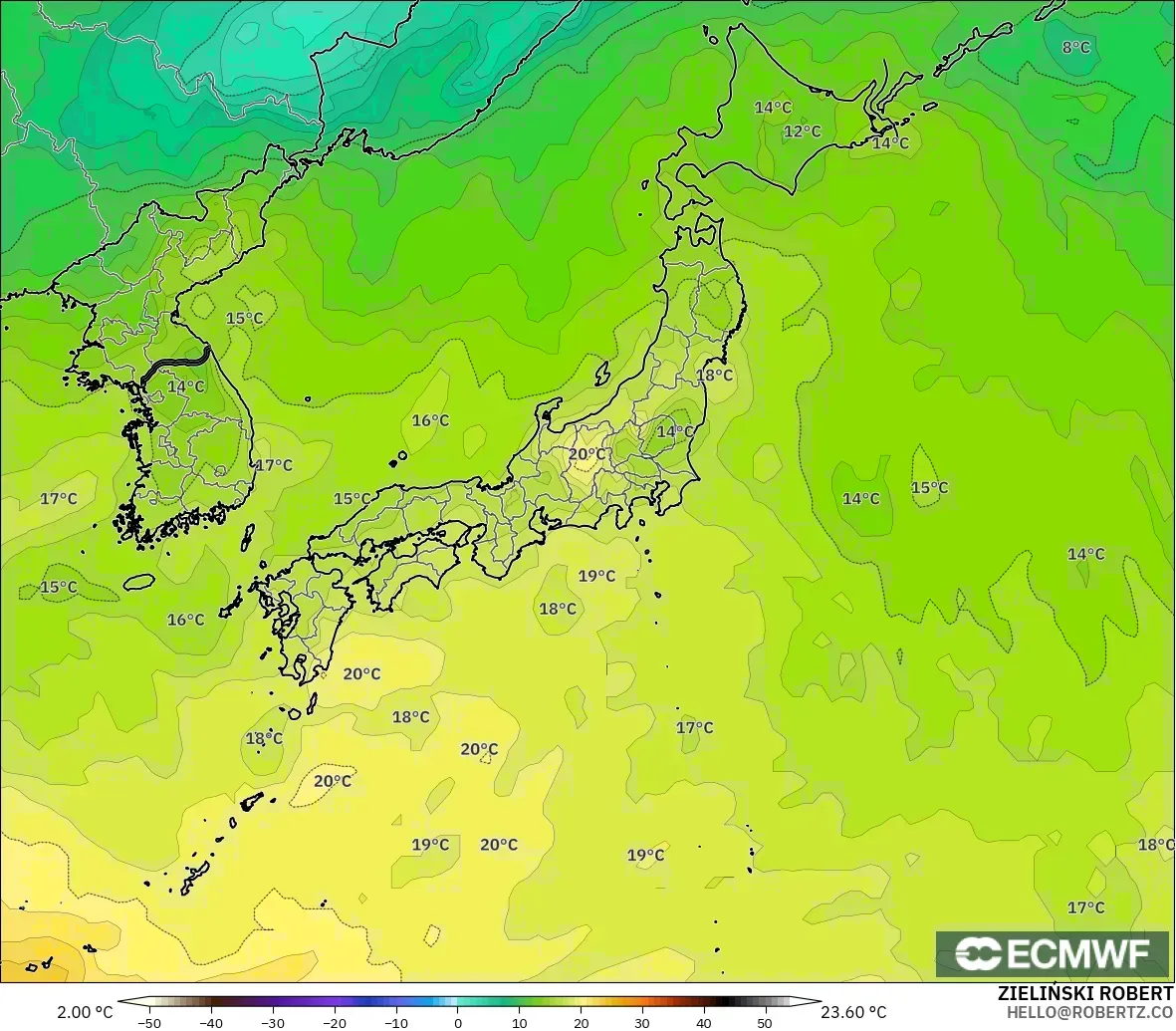 ECMWF IFS 0.25° modelo - Japón, Temperatura a 850 hPa