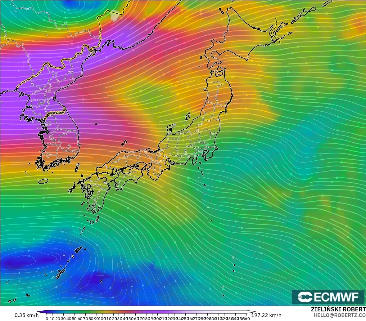 ECMWF IFS 0.25° modelo - Japón, Viento a 300 hPa (corriente en chorro)