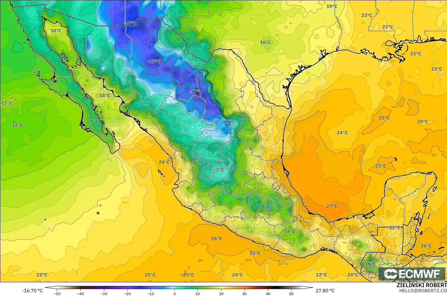 ECMWF IFS 0.25° modelo - México, Punto de rocío a 2 m