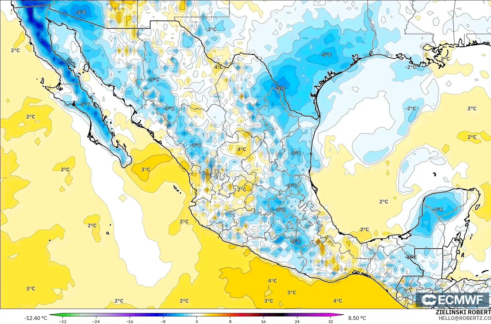 ECMWF IFS 0.25° modelo - México, Anomalía de temperatura a 2 m