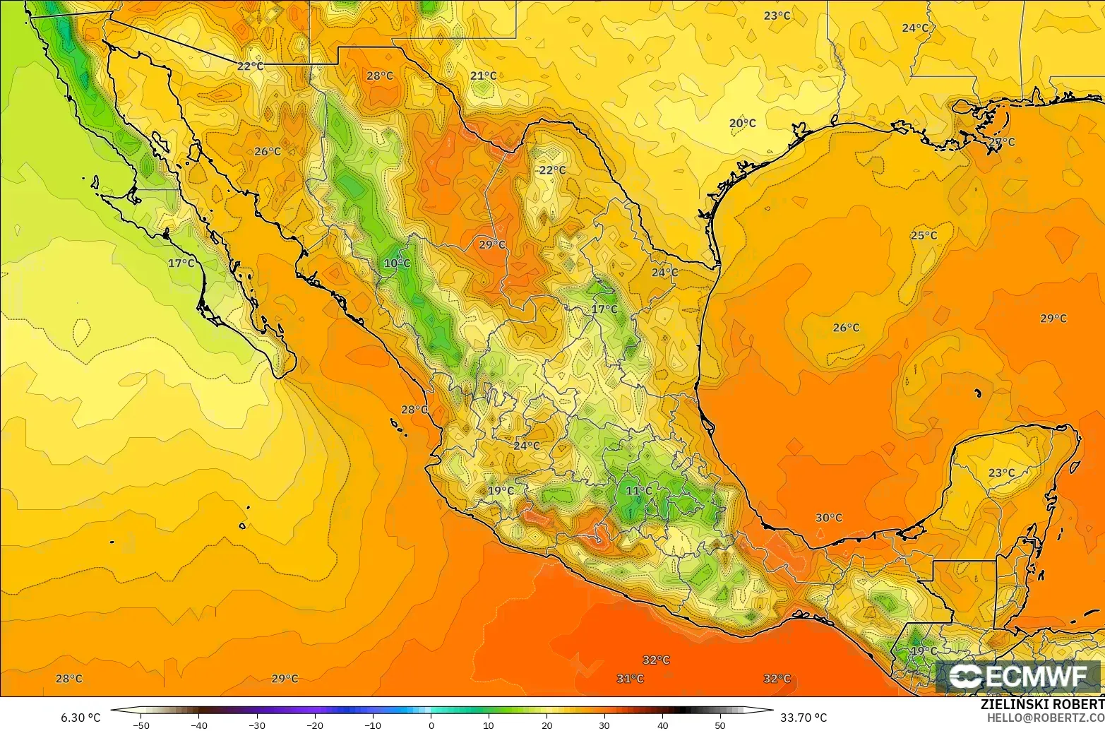 ECMWF IFS 0.25° modelo - México, Temperatura a 2 m