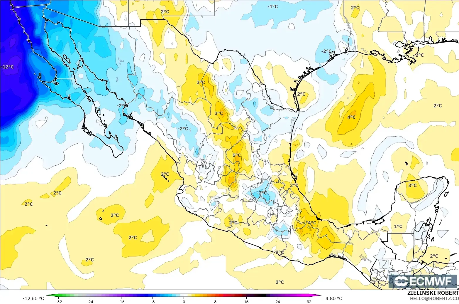 ECMWF IFS 0.25° modelo - México, Anomalía de temperatura a 850 hPa