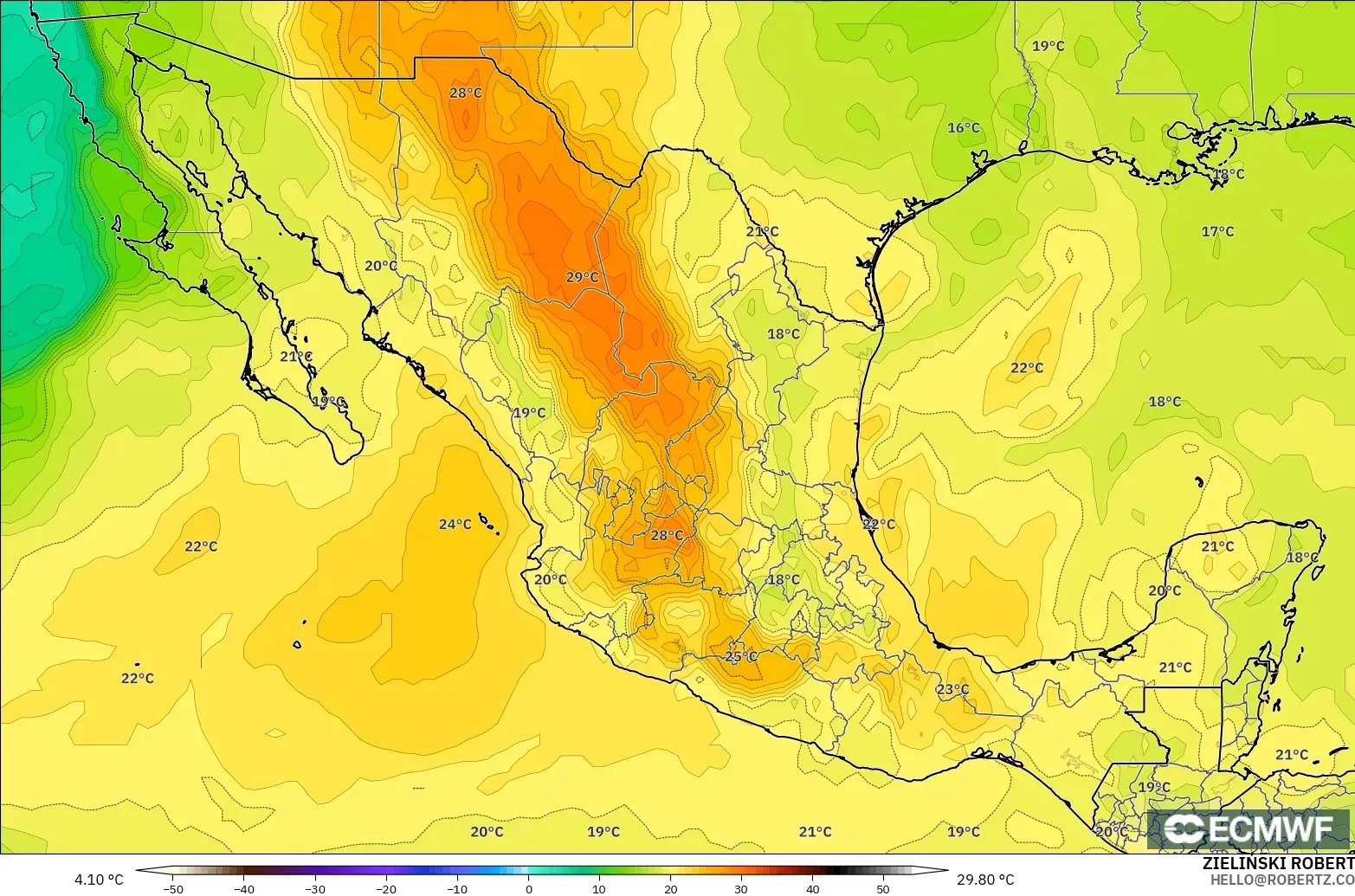 ECMWF IFS 0.25° modelo - México, Temperatura a 850 hPa