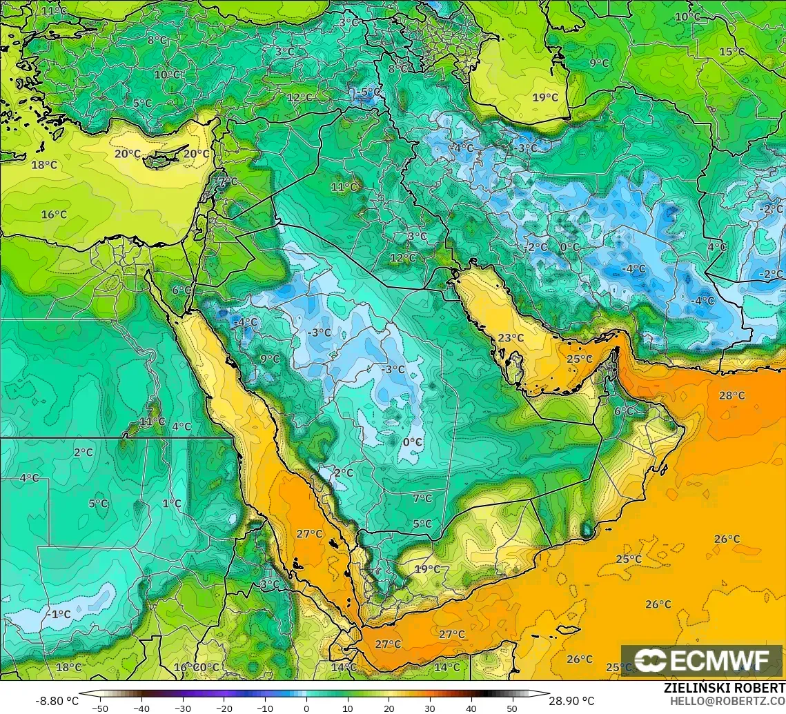 ECMWF IFS 0.25° modelo - Oriente Medio, Punto de rocío a 2 m