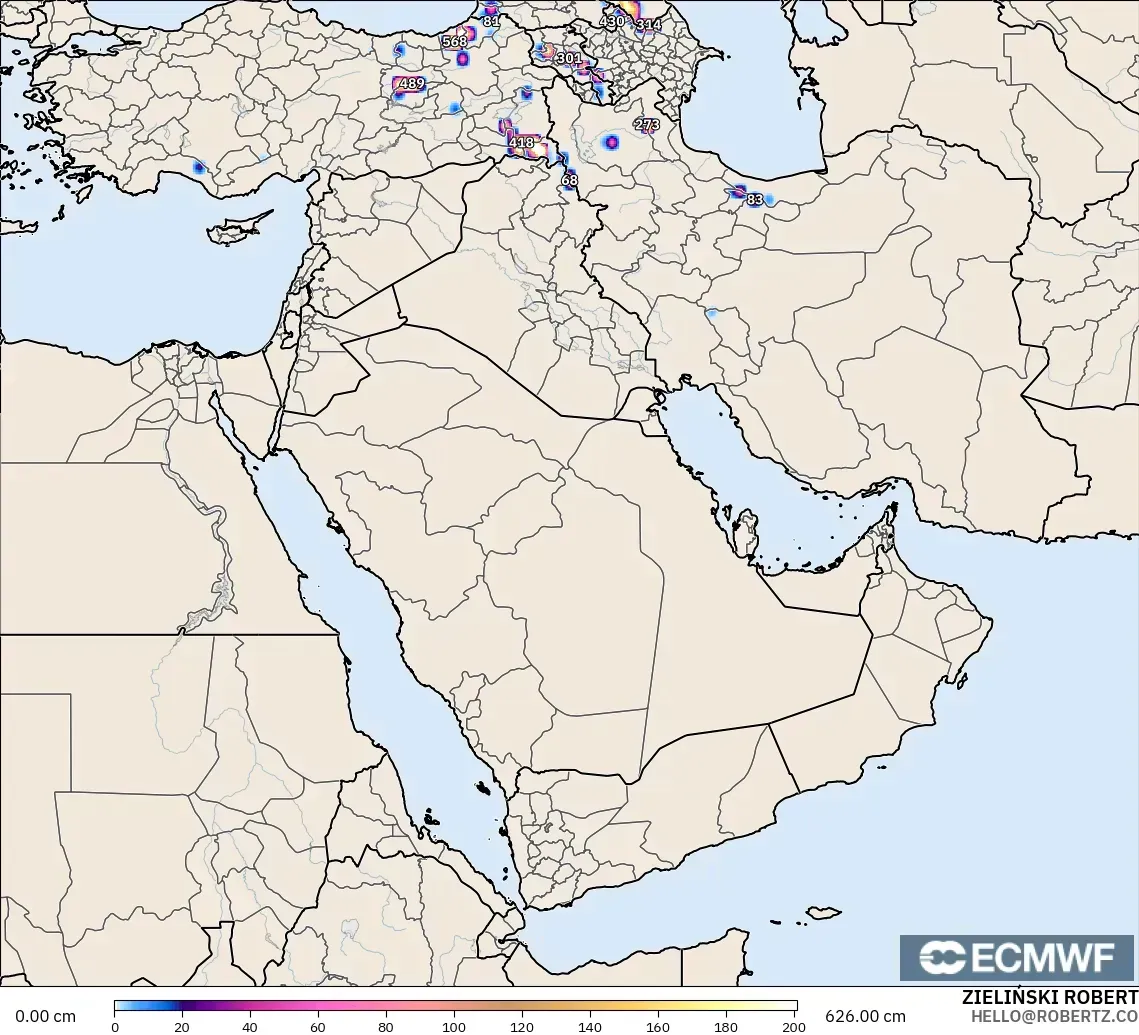 ECMWF IFS 0.25° modelo - Oriente Medio, Profundidad de nieve