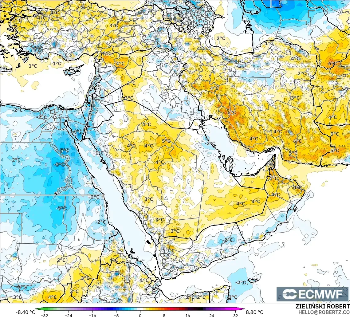 ECMWF IFS 0.25° modelo - Oriente Medio, Anomalía de temperatura a 2 m