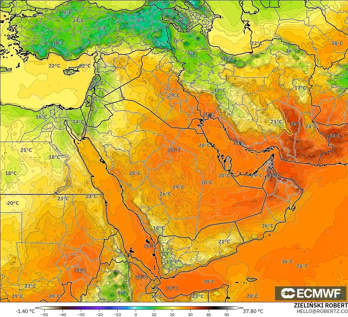ECMWF IFS 0.25° modelo - Oriente Medio, Temperatura a 2 m