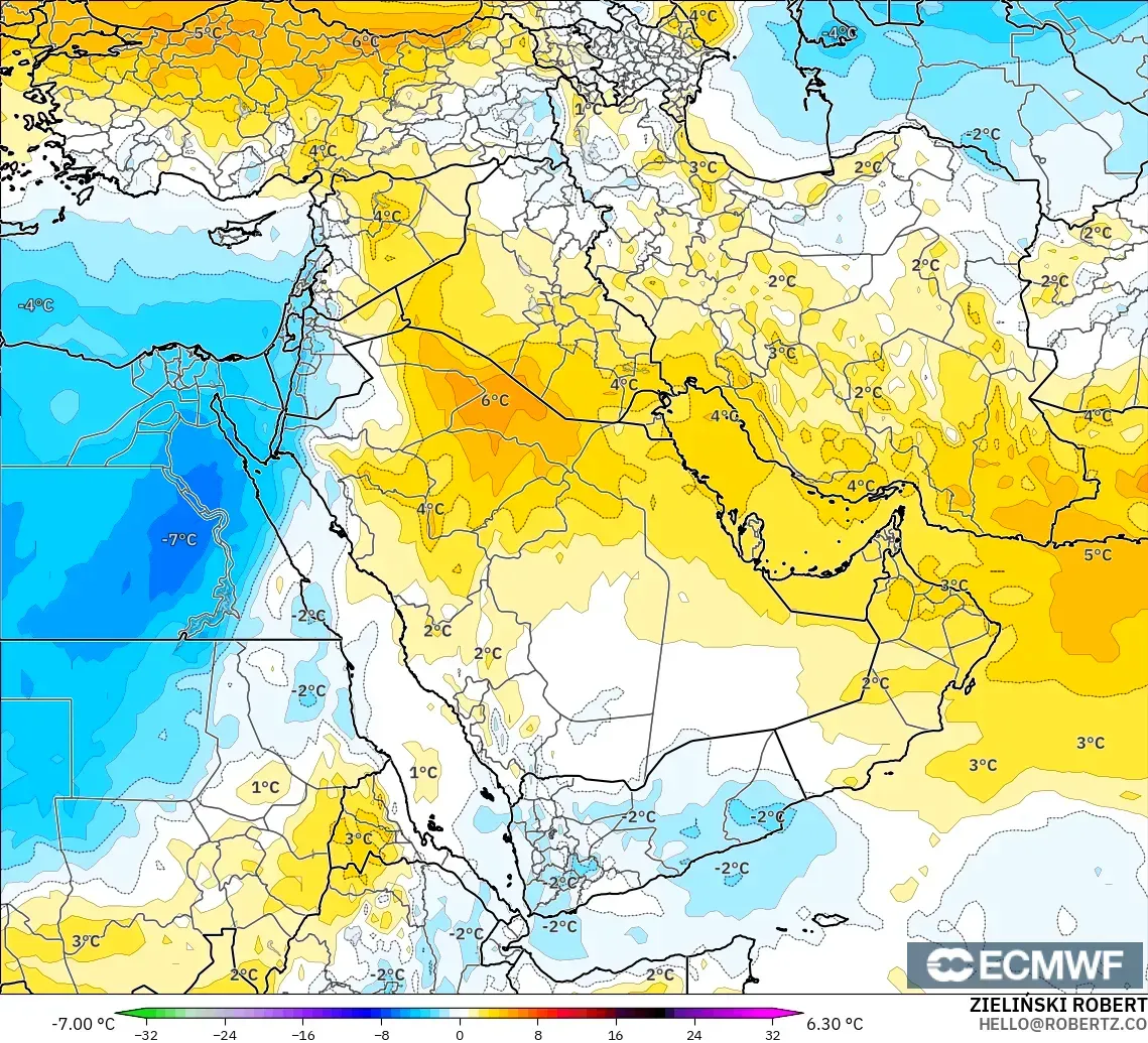 ECMWF IFS 0.25° modelo - Oriente Medio, Anomalía de temperatura a 850 hPa