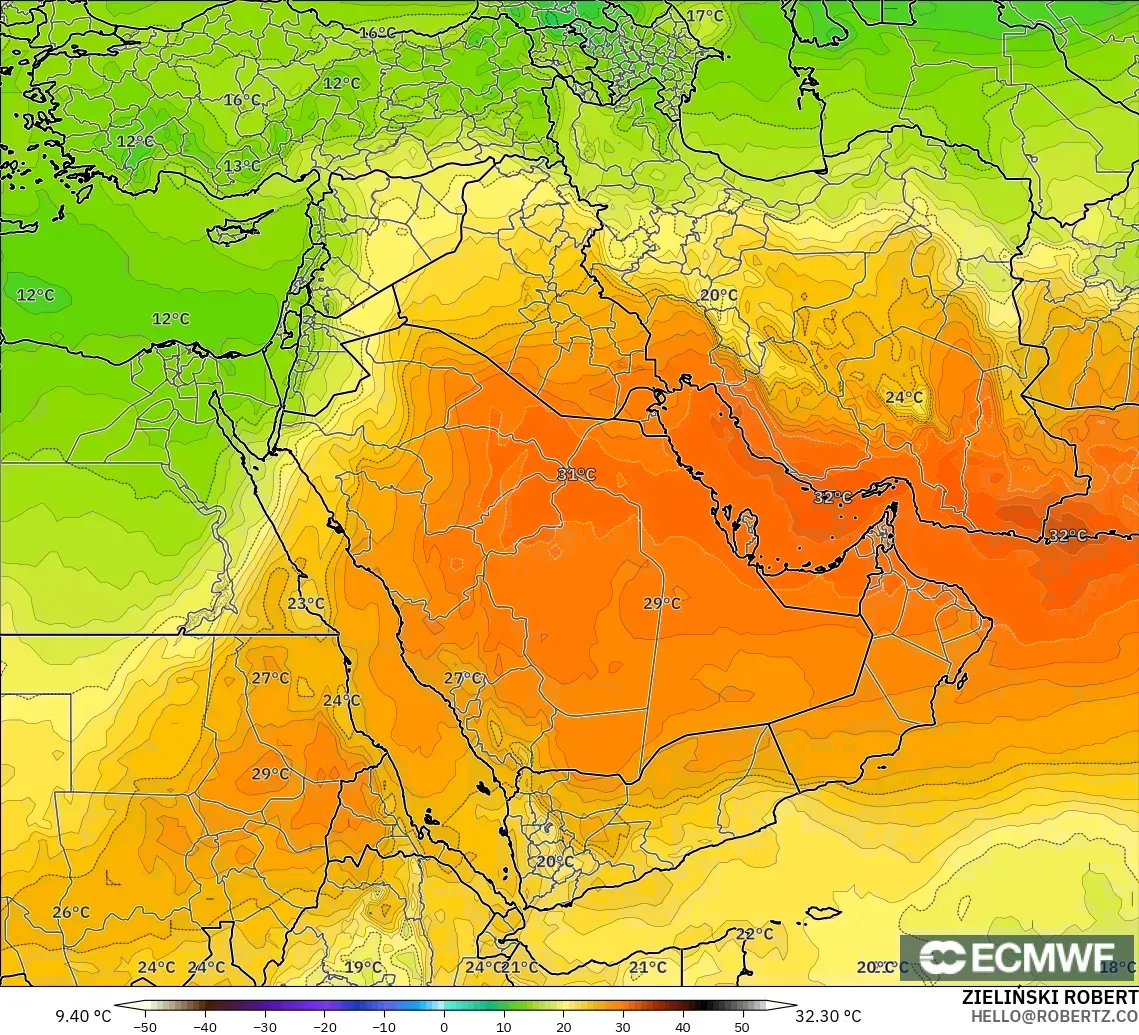 ECMWF IFS 0.25° modelo - Oriente Medio, Temperatura a 850 hPa