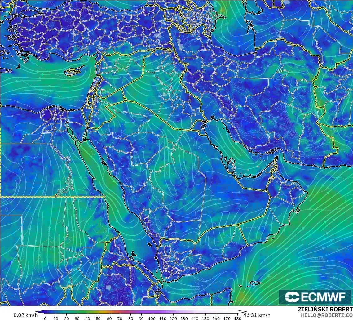 ECMWF IFS 0.25° modelo - Oriente Medio, Viento a 10 m
