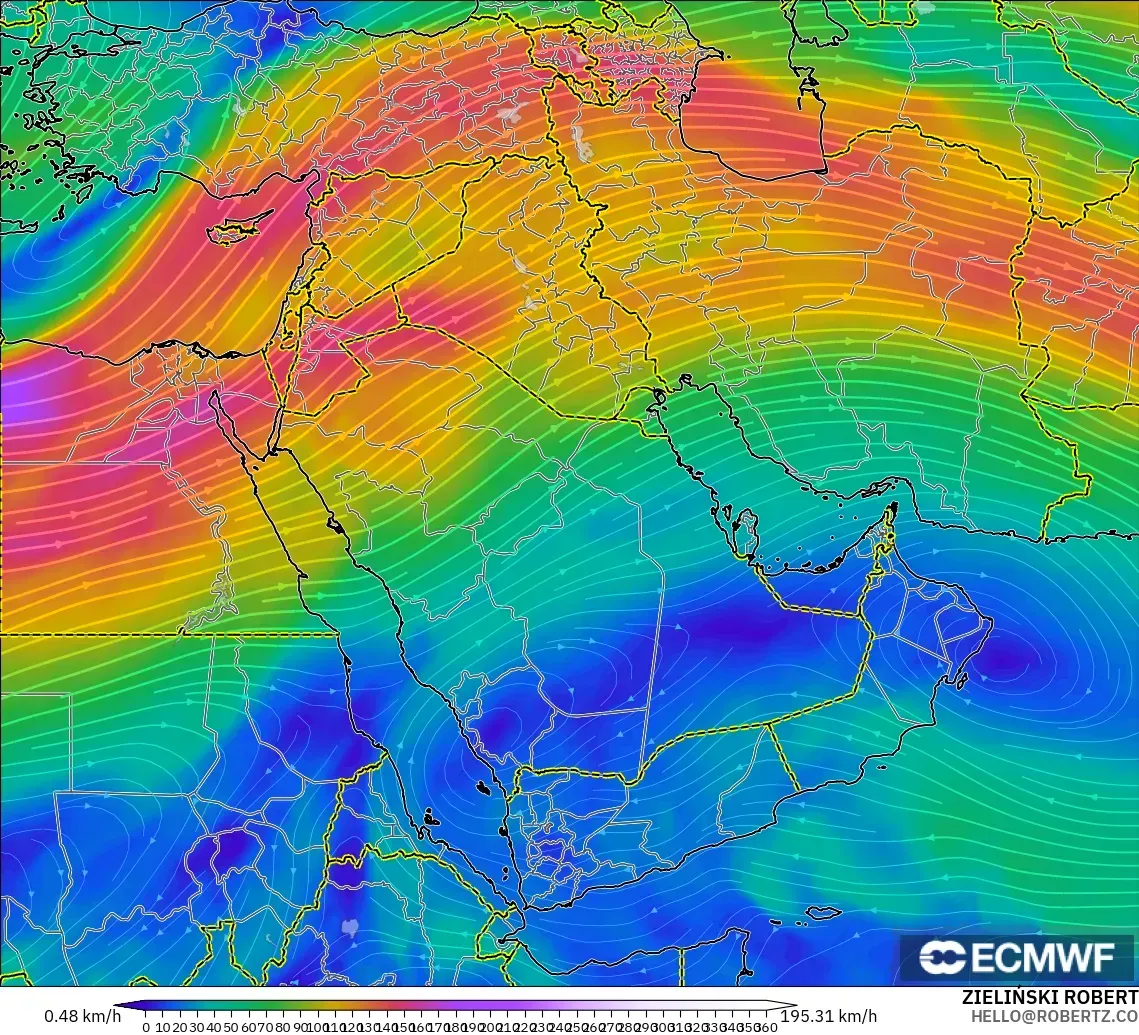 ECMWF IFS 0.25° modelo - Oriente Medio, Viento a 300 hPa (corriente en chorro)