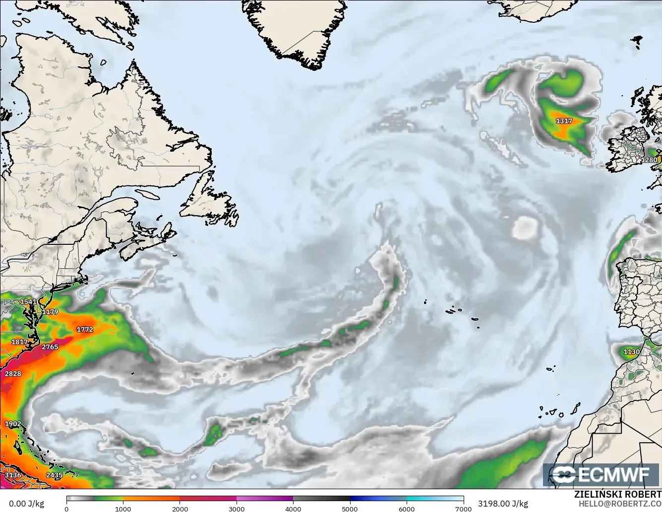 ECMWF IFS 0.25° modelo - Norte Atlántico, CAPE