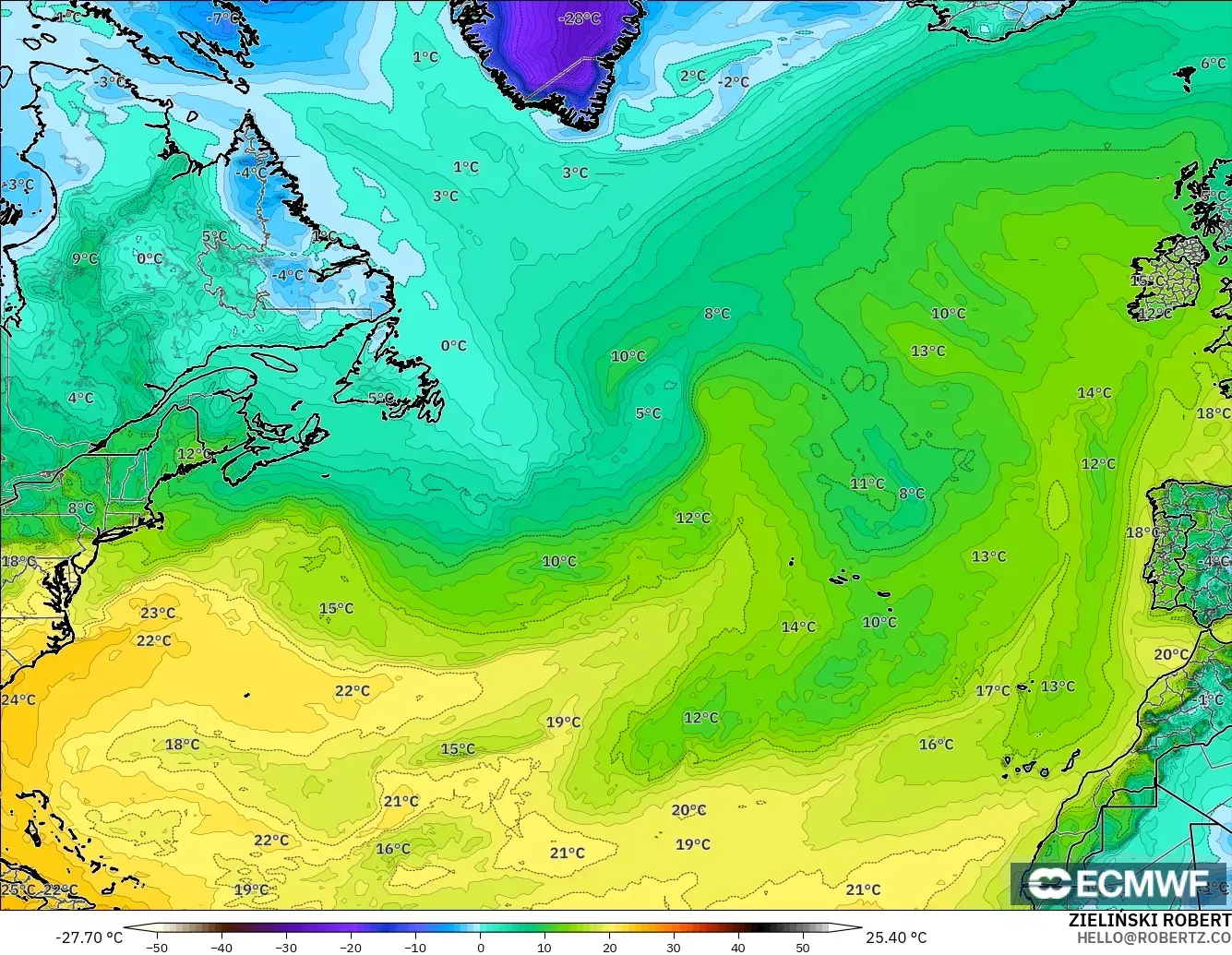 ECMWF IFS 0.25° modelo - Norte Atlántico, Punto de rocío a 2 m