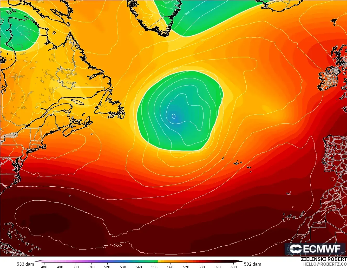 ECMWF IFS 0.25° modelo - Norte Atlántico, Altura geopotencial a 500 hPa