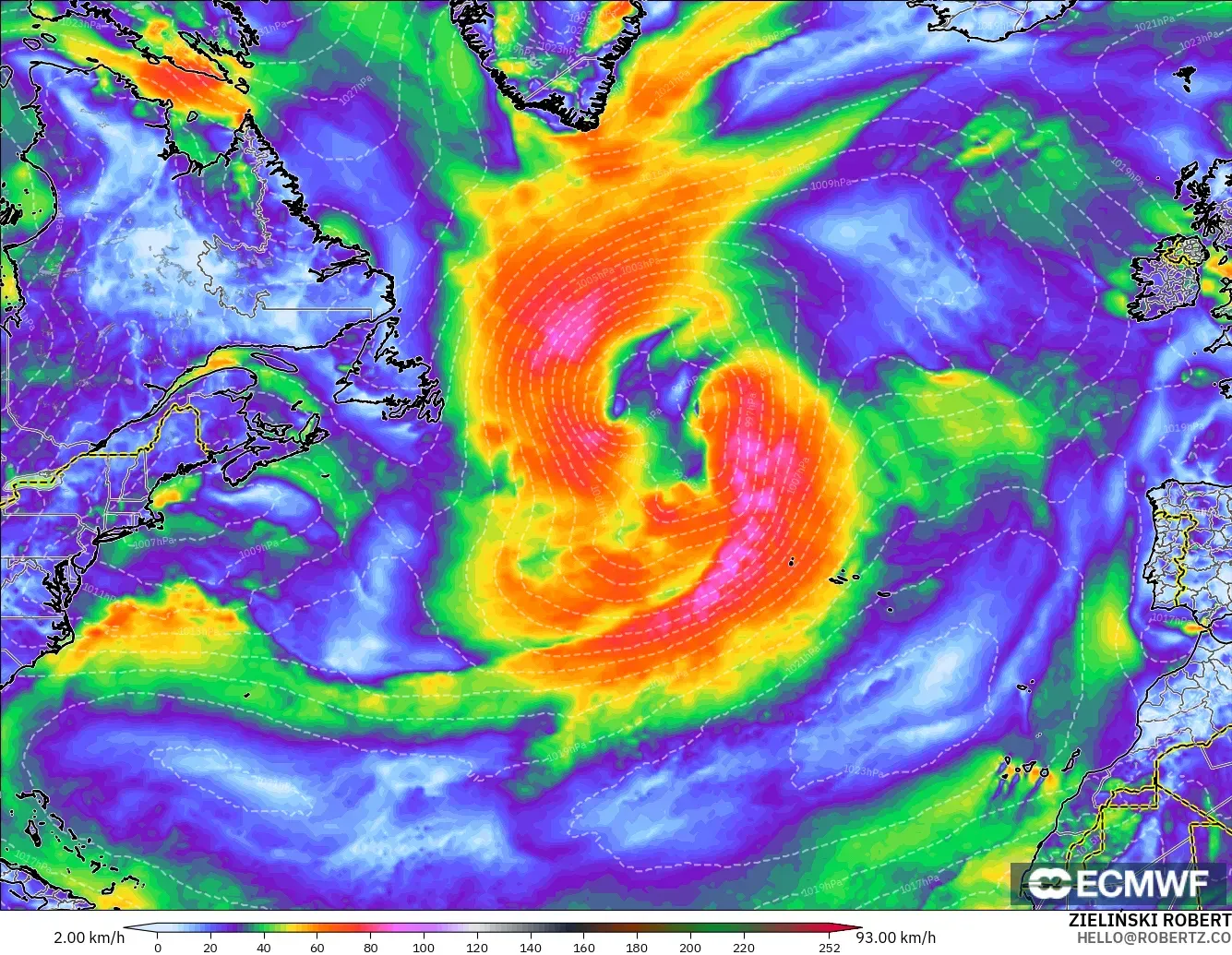 ECMWF IFS 0.25° modelo - Norte Atlántico, Ráfagas de Viento Máximas