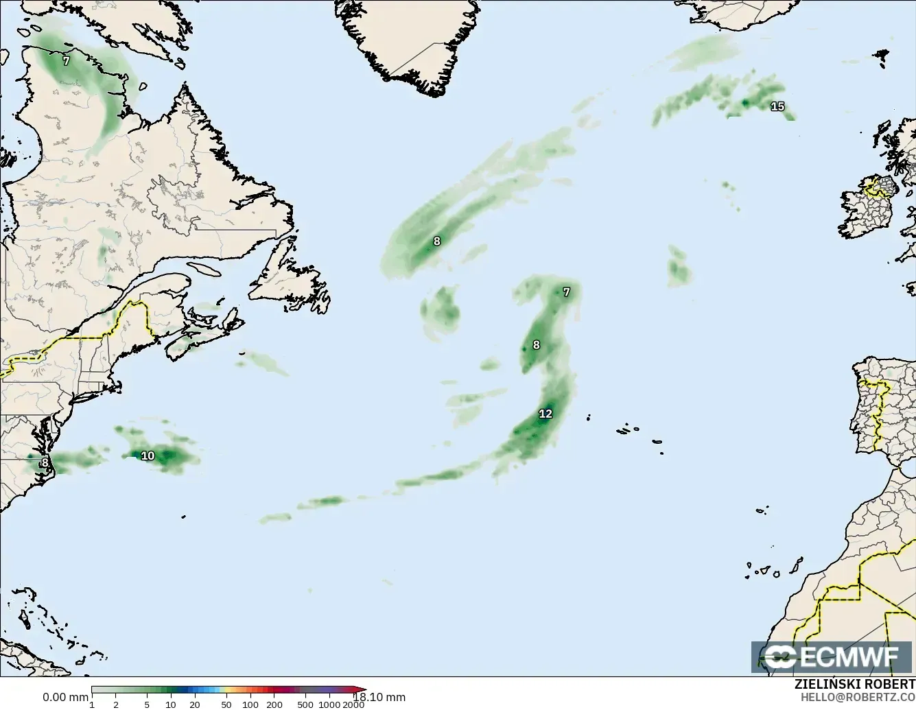 ECMWF IFS 0.25° modelo - Norte Atlántico, Acumulación de precipitación