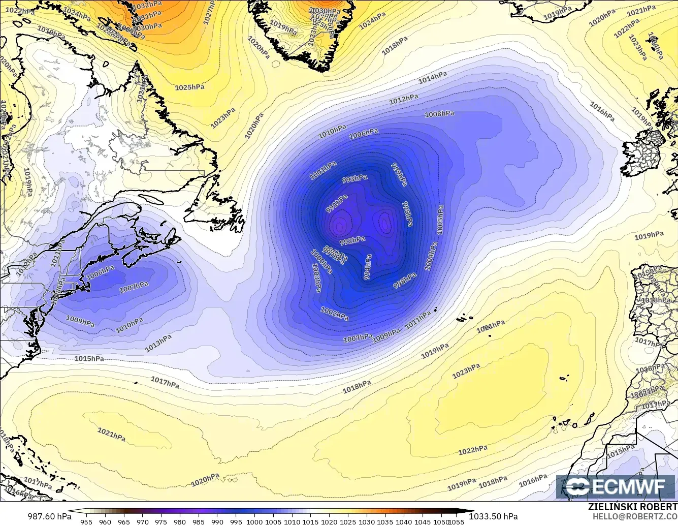 ECMWF IFS 0.25° modelo - Norte Atlántico, Presión