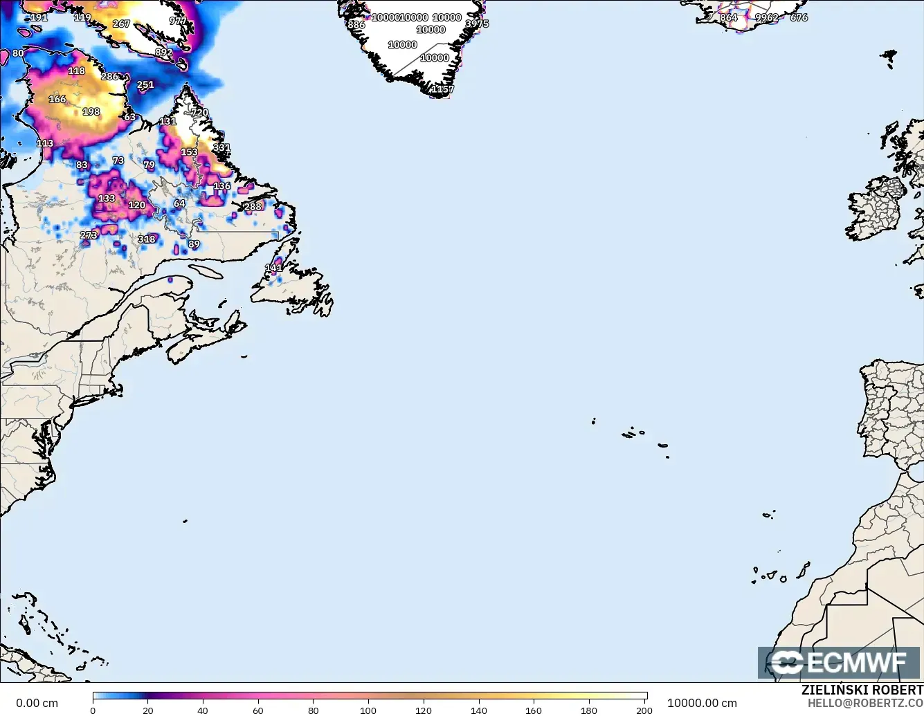 ECMWF IFS 0.25° modelo - Norte Atlántico, Profundidad de nieve