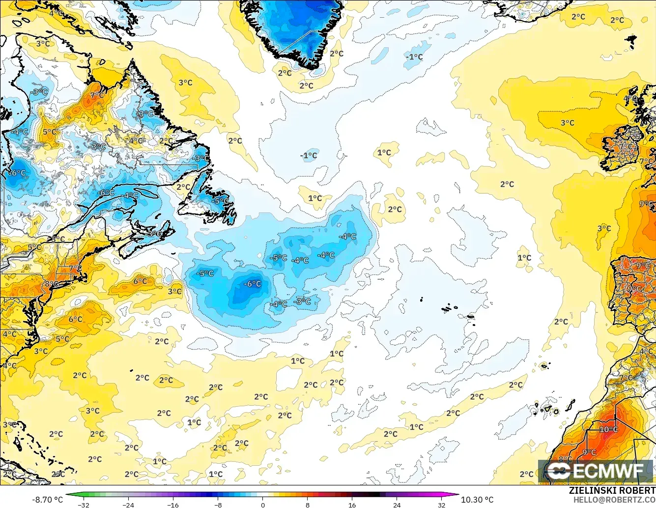 ECMWF IFS 0.25° modelo - Norte Atlántico, Anomalía de temperatura a 2 m