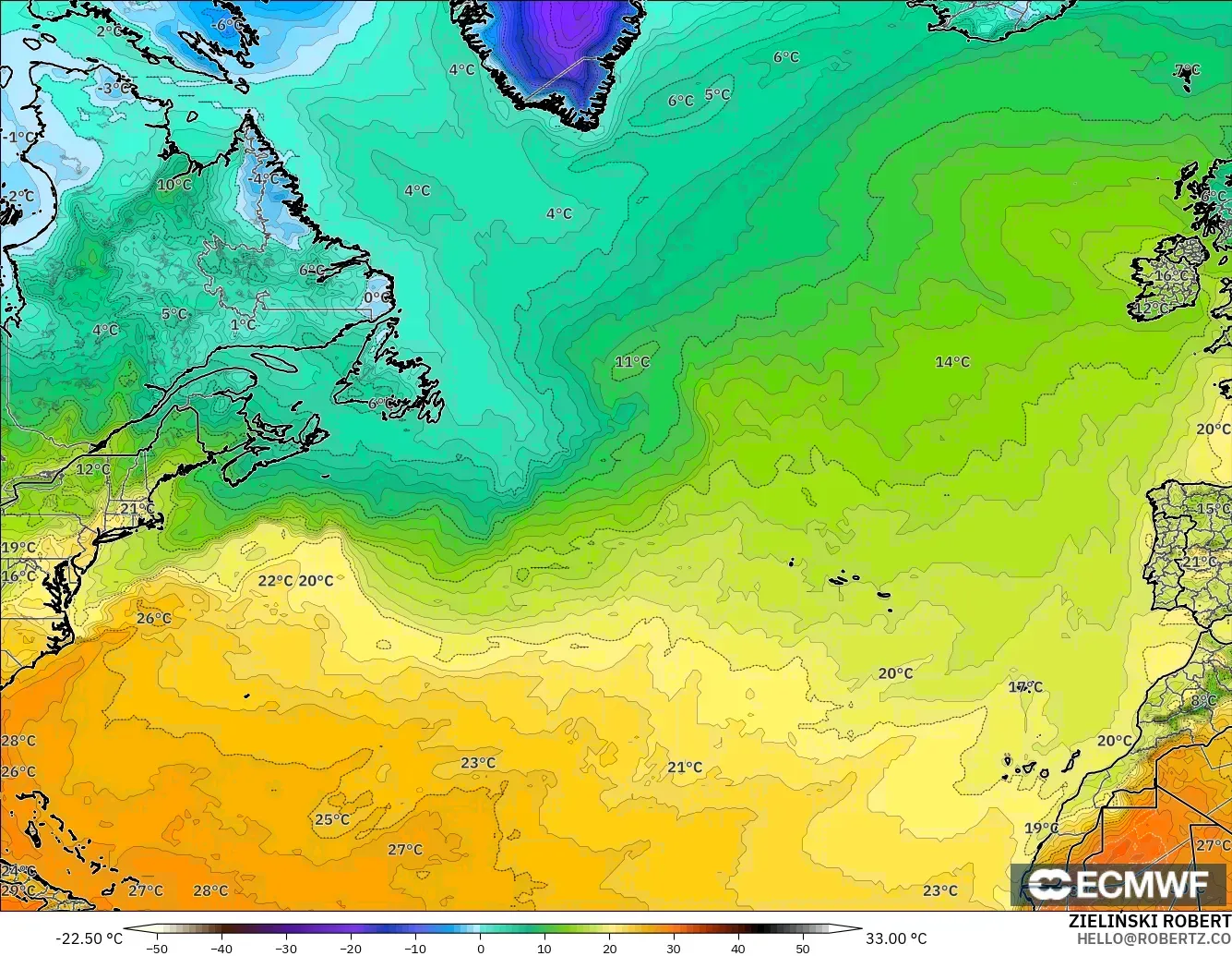 ECMWF IFS 0.25° modelo - Norte Atlántico, Temperatura a 2 m