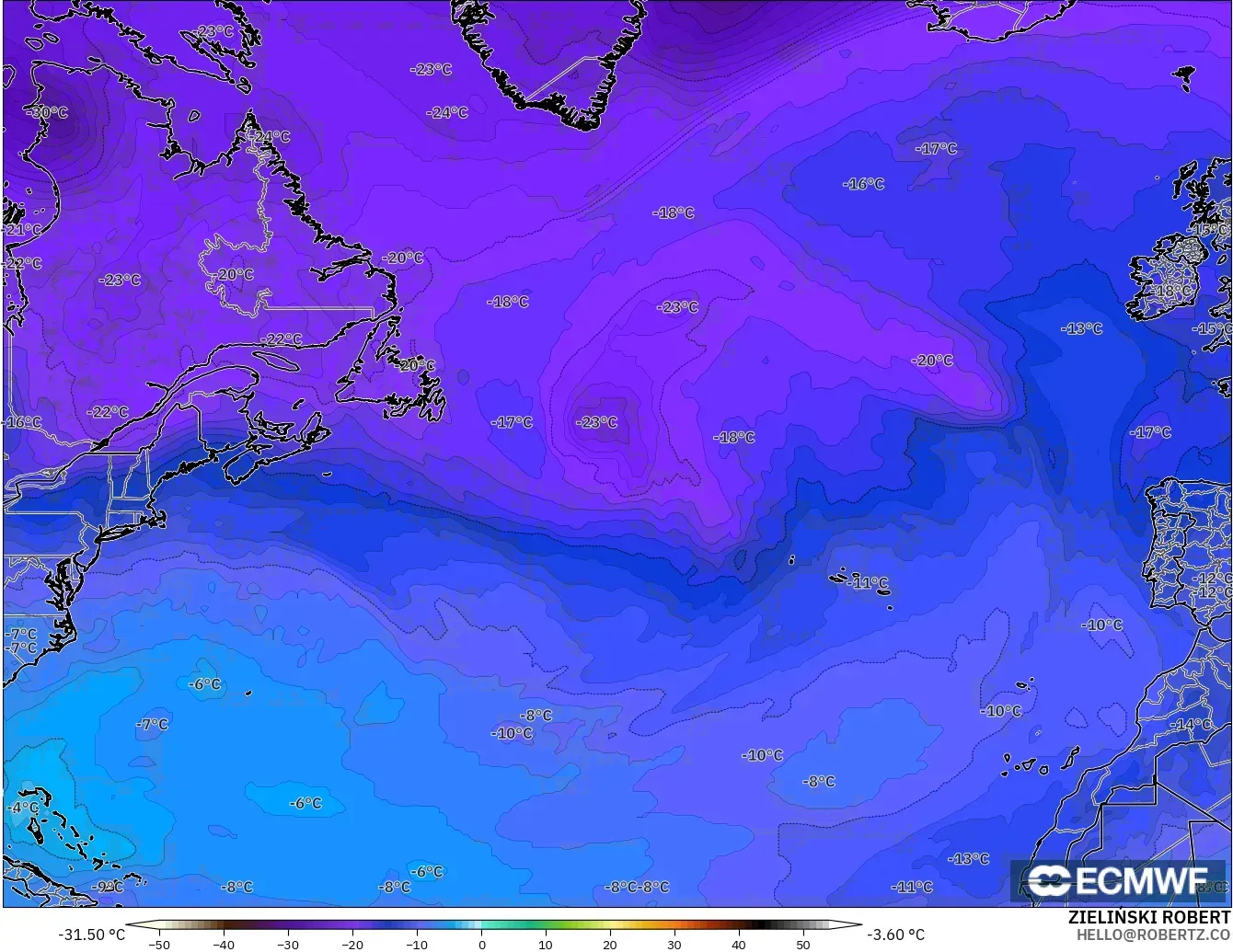 ECMWF IFS 0.25° modelo - Norte Atlántico, Temperatura a 500 hPa